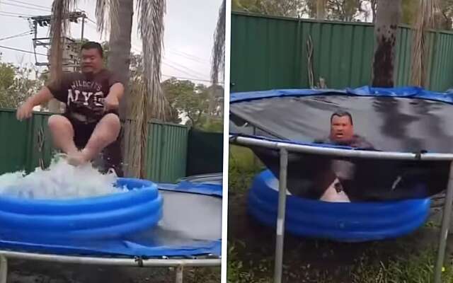 Protip: zet nooit een zwembadje op een trampoline