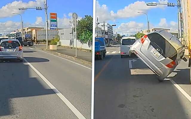 Nietsvermoedende Japanner voor het stoplicht wakker geschud door vrachtwagen