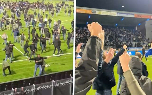 Rellende fans FC Den Bosch bestormen veld en supporters De Graafschap na winnen periodetitel