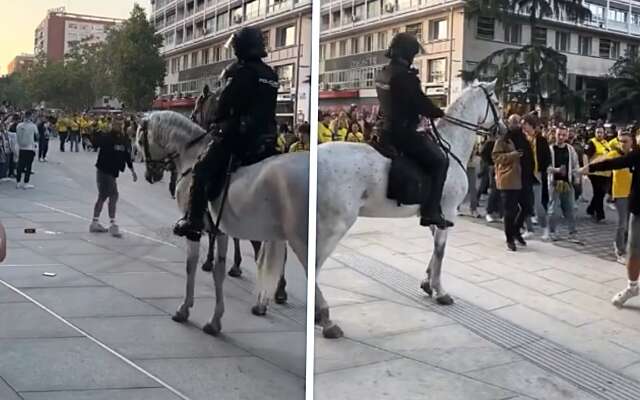 Spaans politiepaard maakt Duitse voetbalfan héél duidelijk dat 'ie door moet lopen