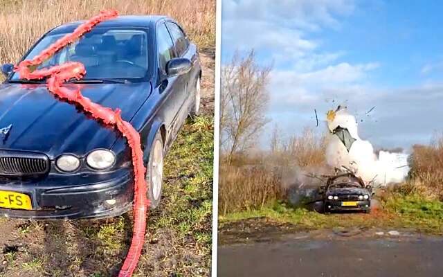 BOEM! Zo sloop je een Jaguar X-Type met een explosieve vuurwerkshow