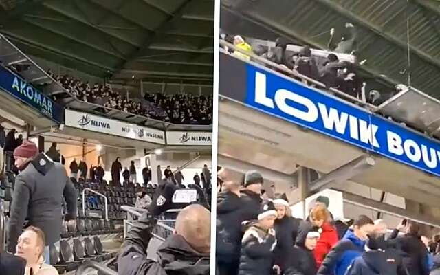 Chaos in Almelo: Fan valt uit uitvak en natúúrlijk mattende supporters op de tribune