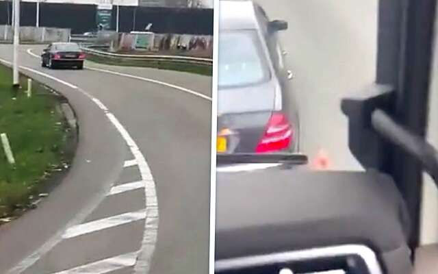 Tokkie in Mercedes trakteert vrachtwagen op ordinaire brake check en veroorzaakt bijna een klapper