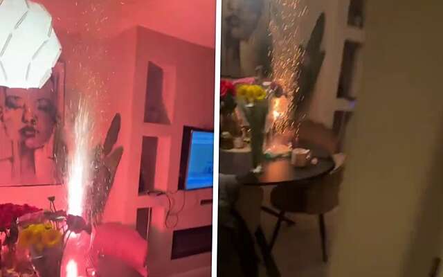 Iets te fanatiek pyro-neefje steekt midden in de woonkamer z'n vuurwerk af