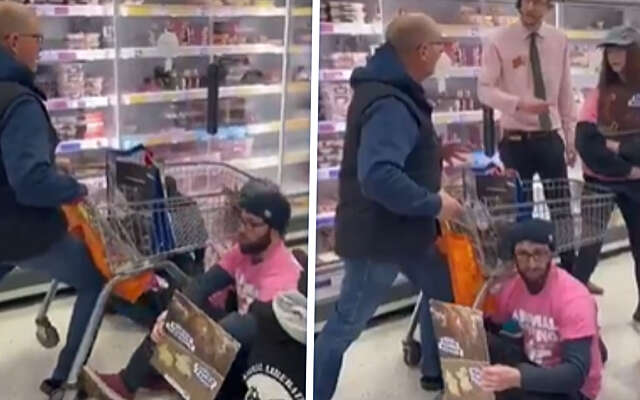 Man in supermarkt maakt korte metten met rebelse veganisten die toegang tot vleeswaren blokkeren