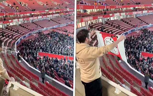 PSV-supporters pesten in Londen: Fan provoceert uitvak met een vlag van Ajax