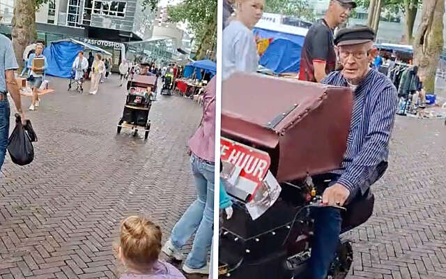 Opa draait wel een héél fout Duits liedje op de markt van Emmen