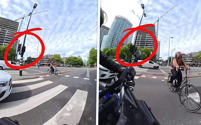 Vrouw fietst lekker door rood en krijgt motorrijder tegen d'r onderlip