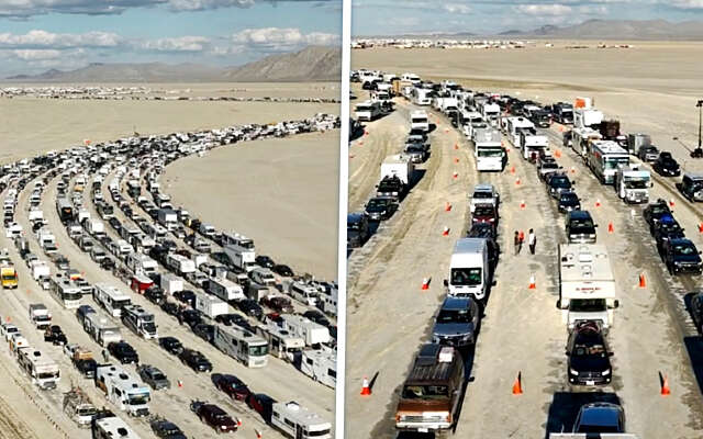 File des doods van 9 uur met campers in woestijn voor Burning Man-festival