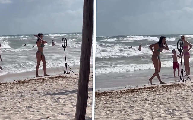 Influencer danst op 't strand terwijl voorbijgangers verbaasd toekijken