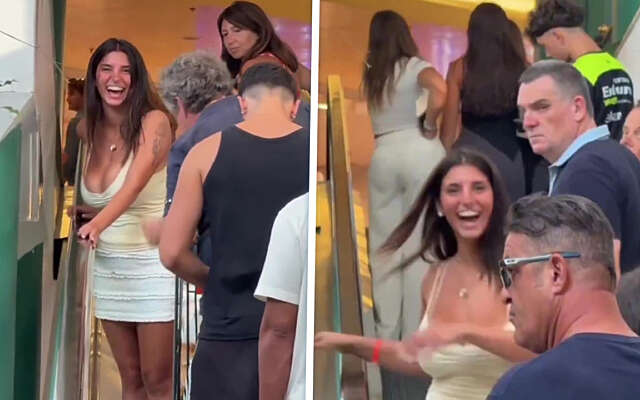 Jongedame met extra bagage wurmt zich tegen de stroom van de roltrap